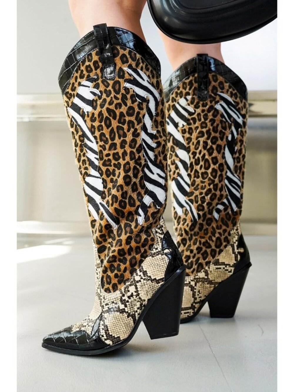 Women's Black Polyurethane Animal Print Pull-On Pointed Toe Over The Knee Boots - Picture 3 of 6